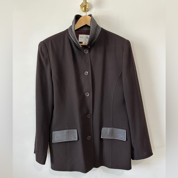 Vintage Brown Wool & Leather Contrast Blazer Jacket By Oscar De La Renta Size 14 - Picture 8 of 14